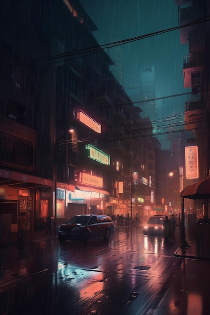 도쿄의 도시에서 비오는 밤