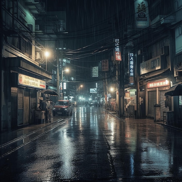 A rainy night in a city with a sign that says'chinese'on it