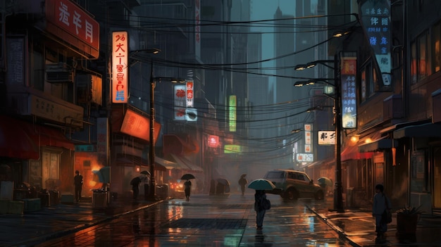 A rainy night in the city with a sign that says'cyberpunk'on it