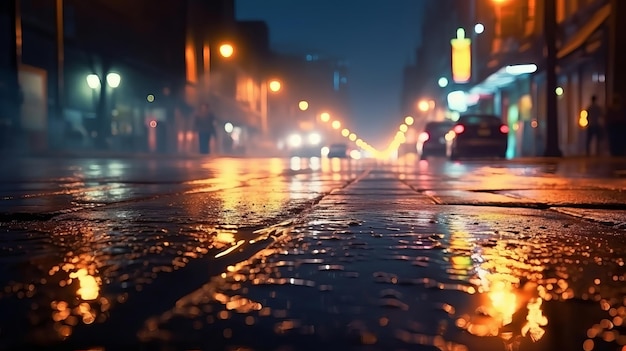 A rainy night in the city with a street sign that says'rain '