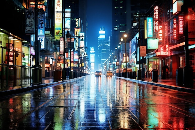 네온 불빛으로 비가 오는 밤의 도시 풍경