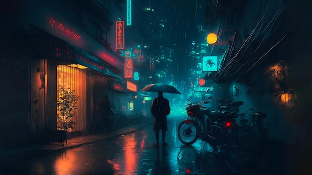 Rainy night in cyberpunk chinese city street neural network generated art