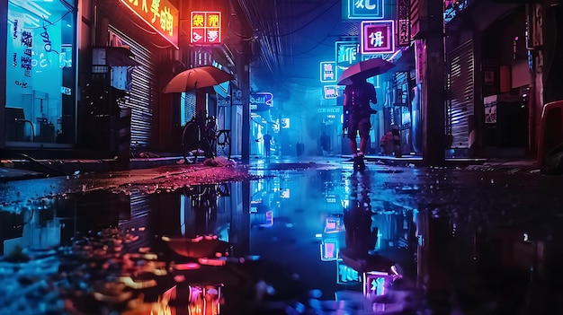 A rainy night in a cyberpunk city The street is deserted except for a few people walking with their umbrellas