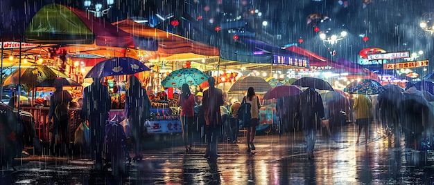 Rainy Night Market A Vibrant and Lively Scene Captured in