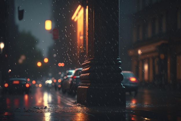 A rainy night in the rain with a street lamp and a sign that says 1.