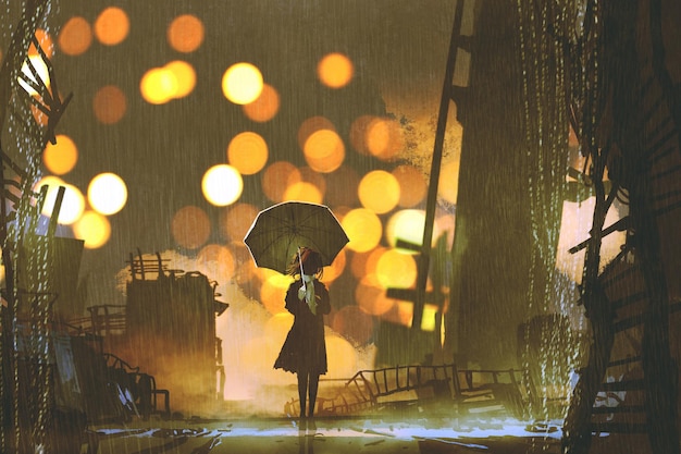사진 버려진 도시, 디지털 아트 스타일, 일러스트레이션 페인팅에 혼자 서 있는 우산을 들고 있는 여성의 비오는 밤 장면