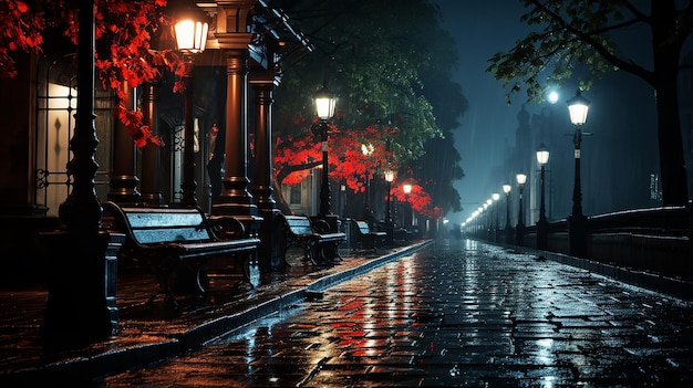 Rainy Night Streets and Street Lights in the Glow