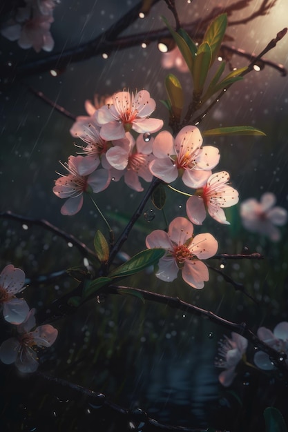 A rainy night with a cherry blossom tree