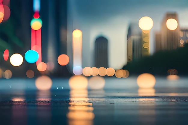 a rainy night with a cityscape in the background