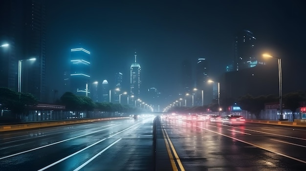 A rainy night with a cityscape in the background