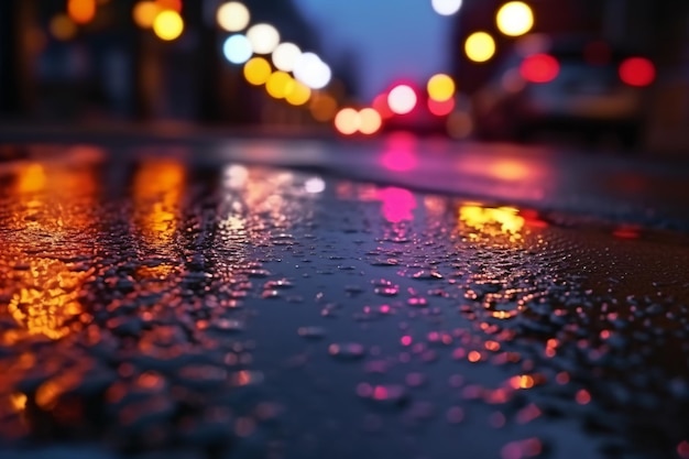 A rainy night with a colorful light and a wet sidewalk