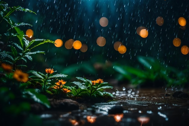 Photo a rainy night with flowers and a small orange flower in the middle