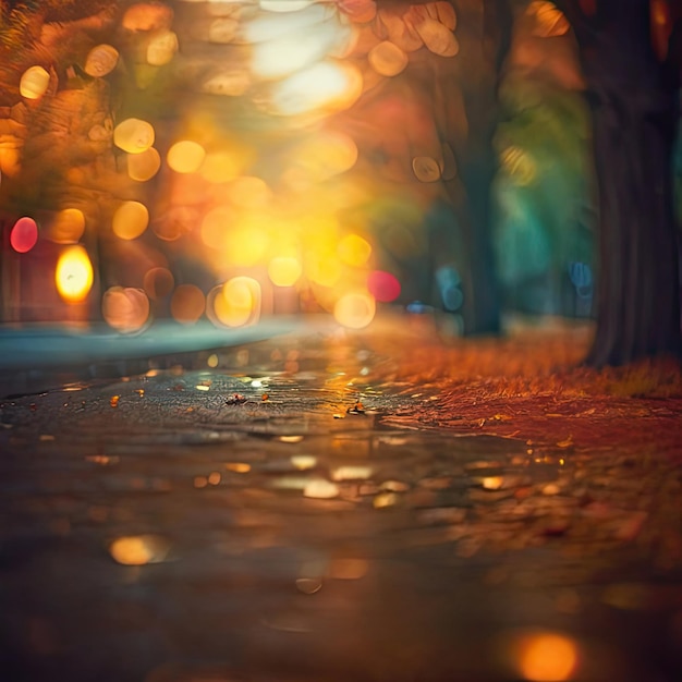 a rainy night with a tree and a blurry background