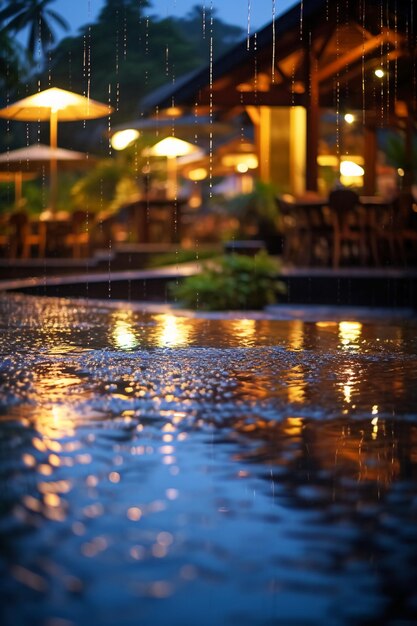 A rainy night with umbrellas and tables and umbrellas