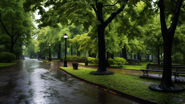 雨の公園と自然のシーン背景