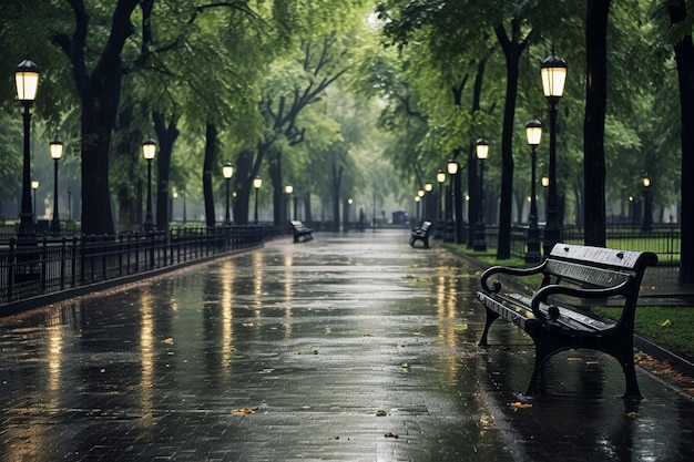 Rainy park with gloomy cityscape background