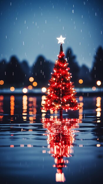 Photo rainy reflections christmas tree by the lake