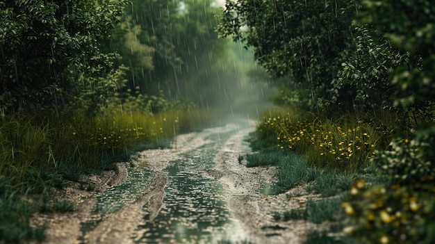 Rainy Road Bliss Wet Pathways Serene Showers