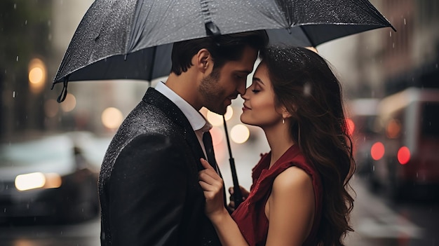 Photo rainy romance couples sharing a tender moment under an umbrella