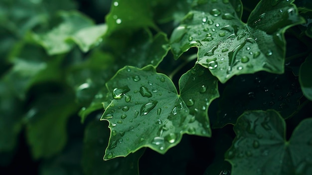 Rainy Season on Green Ivy Leaf