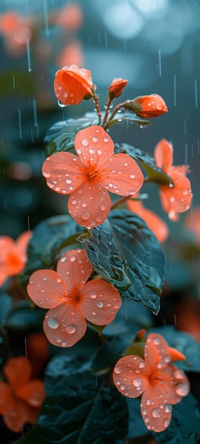 rainy season red flowers bloom in the rain