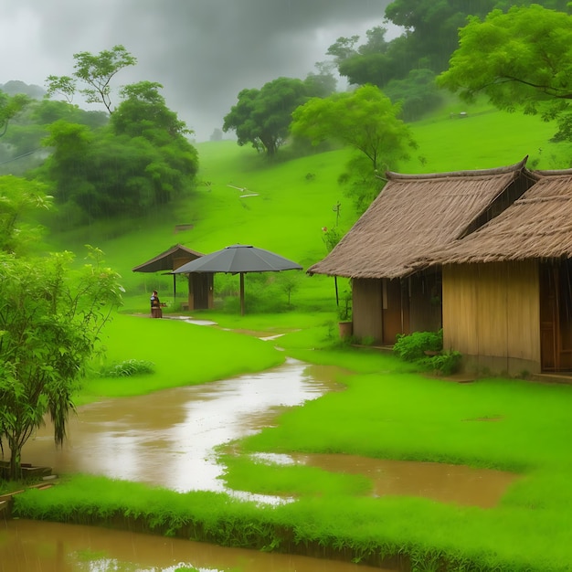 Rainy season in the village with sweet home