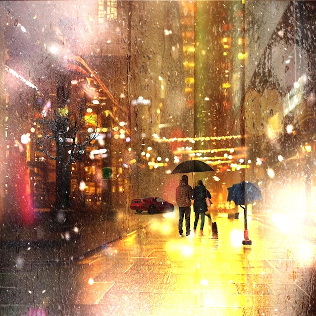 Rainy and snowy street people with umbrella walk on evening\
shop windows blurred light