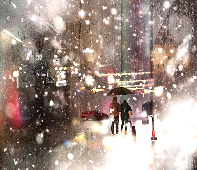 Rainy and snowy street people with umbrella walk on evening\
shop windows blurred light