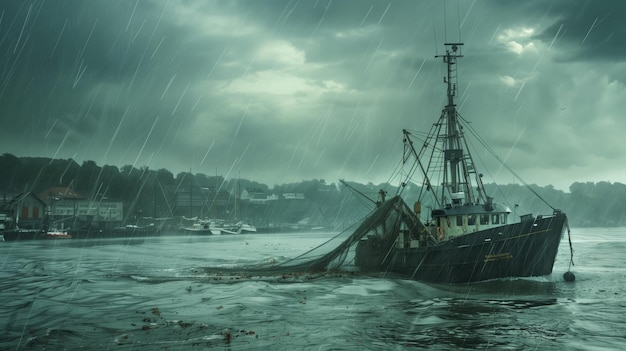 Rainy Solitude Fishing Boat in Bay