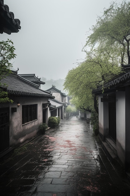 Photo a rainy street in the city of lijiang