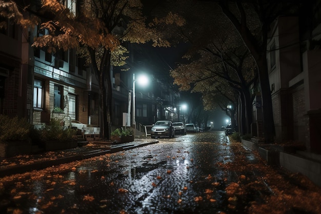 A rainy street in the dark with a puddle on the ground.