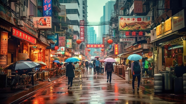 雨の中を歩く人々と「中国語」と書かれた標識のある香港の雨の街路