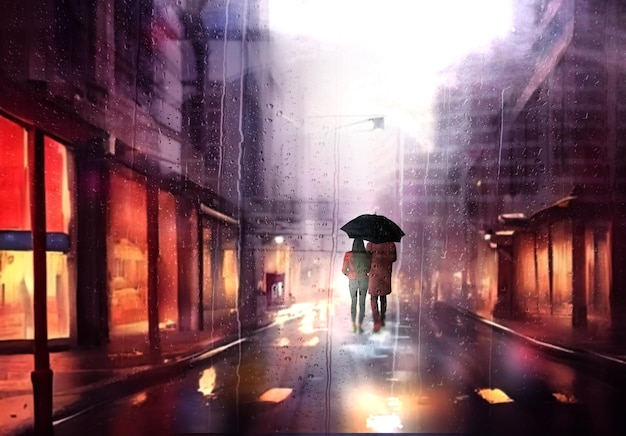 Rainy street man and women with umbrella walk on evening shop
windows blurred light