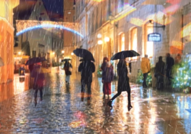 rainy street people walk with umbreellas city blurred light wet pavement  Tallinn old town