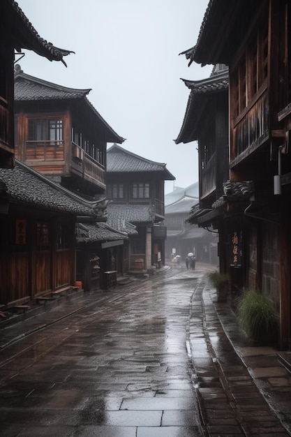 A rainy street in the rain with a street scene in the background.