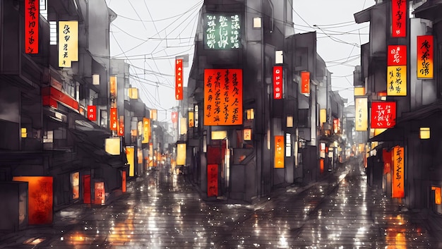 A rainy street scene with a sign that says'shibuya'on it