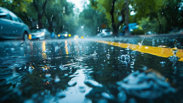 a rainy street with a car driving down it