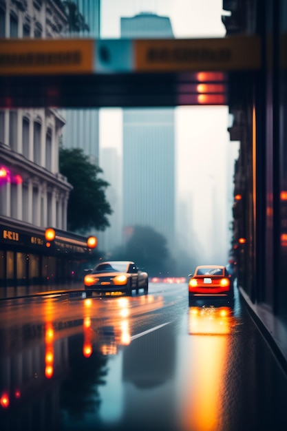 A rainy street with cars driving on the road and a sign that says " walmart ".