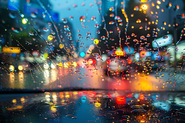 A rainy street with a lot of rain on it and a blurry picture of a street light in the background