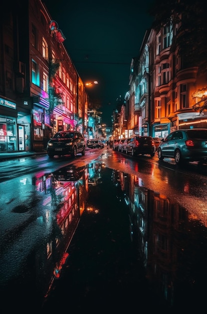 A rainy street with a neon sign that says'i love manchester '
