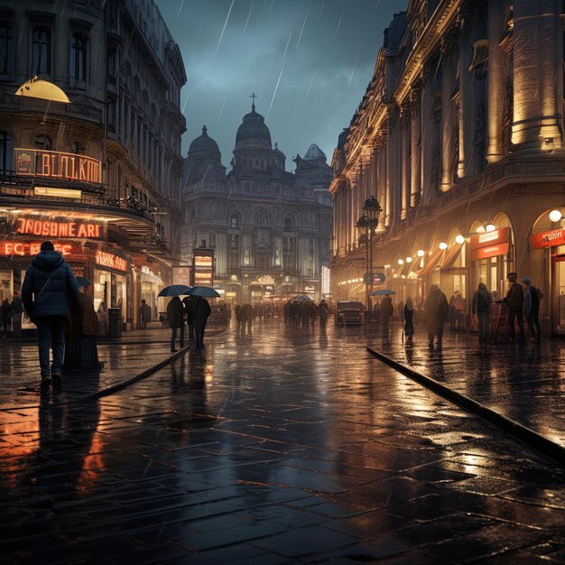 Photo a rainy street with people walking in the rain