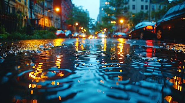 a rainy street with a puddle of water on the ground