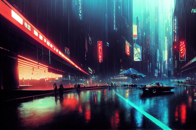 Rainy streets of futuristic cyberpunk city