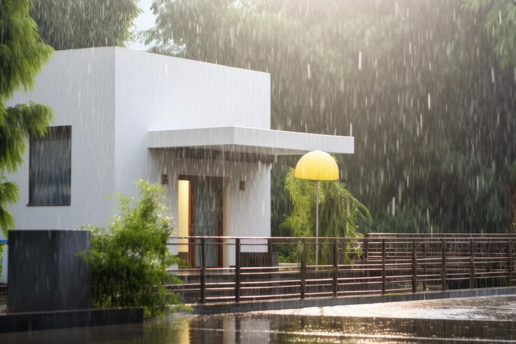 Rainy Summer Days White Modern Home Under the Gentle Downpour of Rain Cozy Indoor Retreat