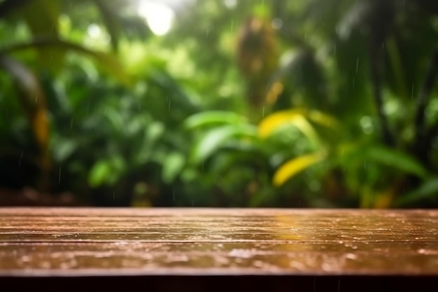 비가 오는 열대 환경 빈 나무 테이블 생성 AI
