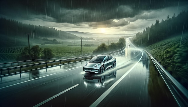 사진 비가 내리는 황혼은 홍수 된 고속도로에서 어두운 전기 자동차를 운전합니다.