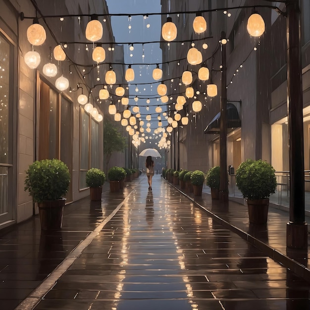 光と雨のある雨の歩道