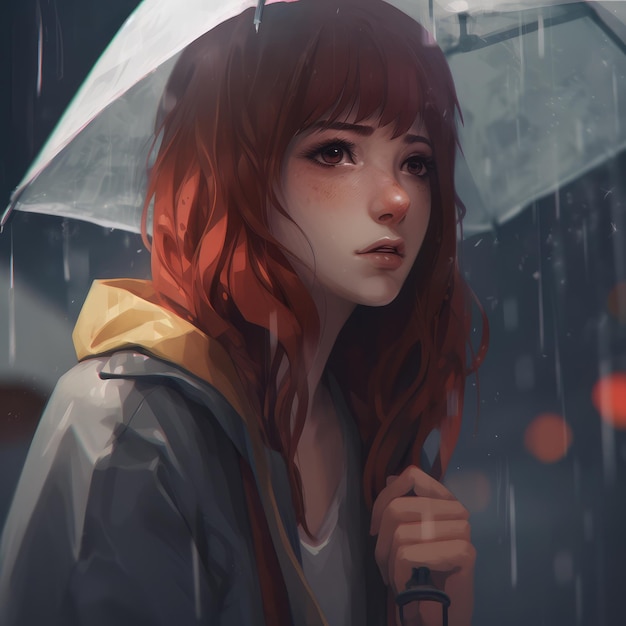 Rainy weather anime girl under umbrella generative ai