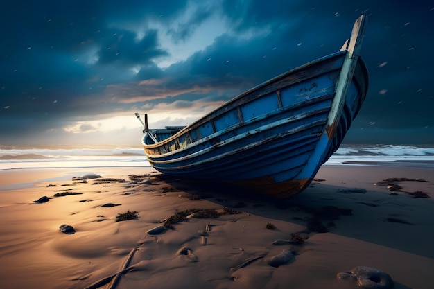 Rainy weather on coast of the ocean Cold beach in a rainy weather with dark skies Lost boat