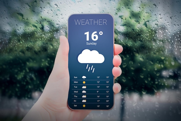 木の背景にスマートフォン用の雨の天気予報モバイル アプリケーション